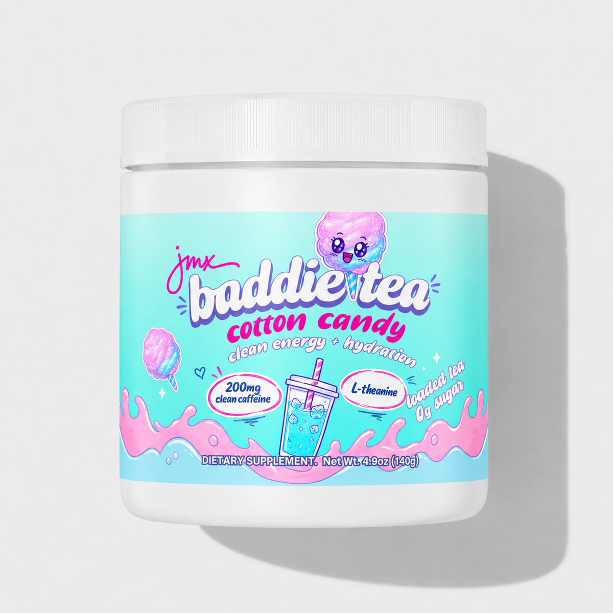 JMX Baddie Tea - Loaded Tea, Cotton Candy Flavor, 200mg Clean Caffeine, L-Theanine, B-Complex, 0g Sugar, Clean Energy + Hydration