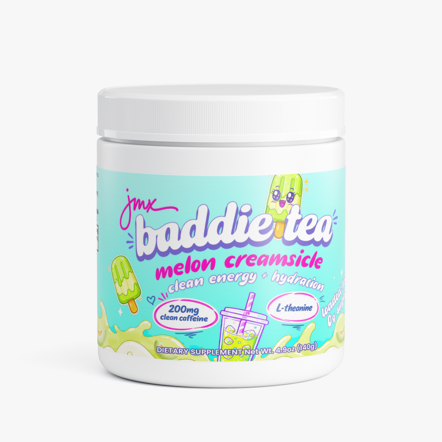 JMX Baddie Tea (Melon Creamsicle), Clean Energy + Hydration, Loaded Tea, 200mg Clean Caffeine, L-Theanine, B-Complex, 0g Sugar