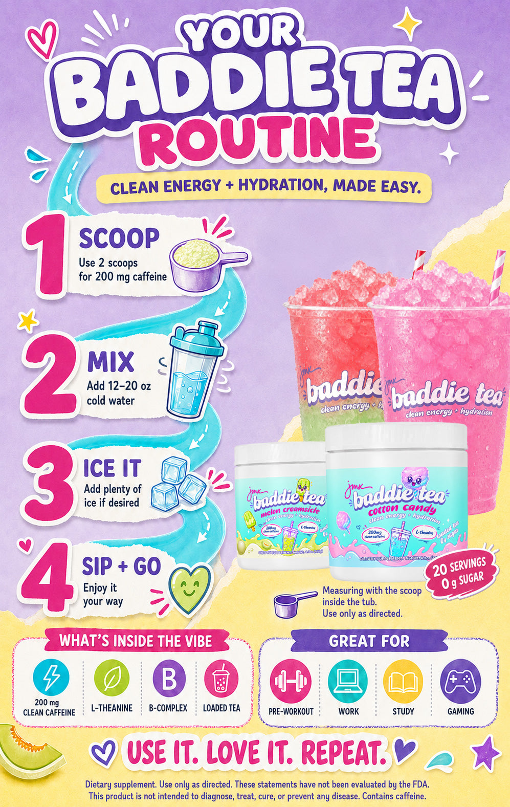 JMX Baddie Tea (Strawberry Shortcake), Clean Energy + Hydration, Loaded Tea, 200mg Clean Caffeine, L-Theanine, B-Complex, 0g Sugar