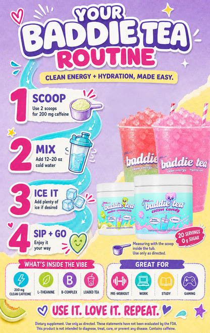 JMX Baddie Tea (Tropi-Cool Baddie), Clean Energy + Hydration, Loaded Tea, 200mg Clean Caffeine, L-Theanine, B-Complex, 0g Sugar