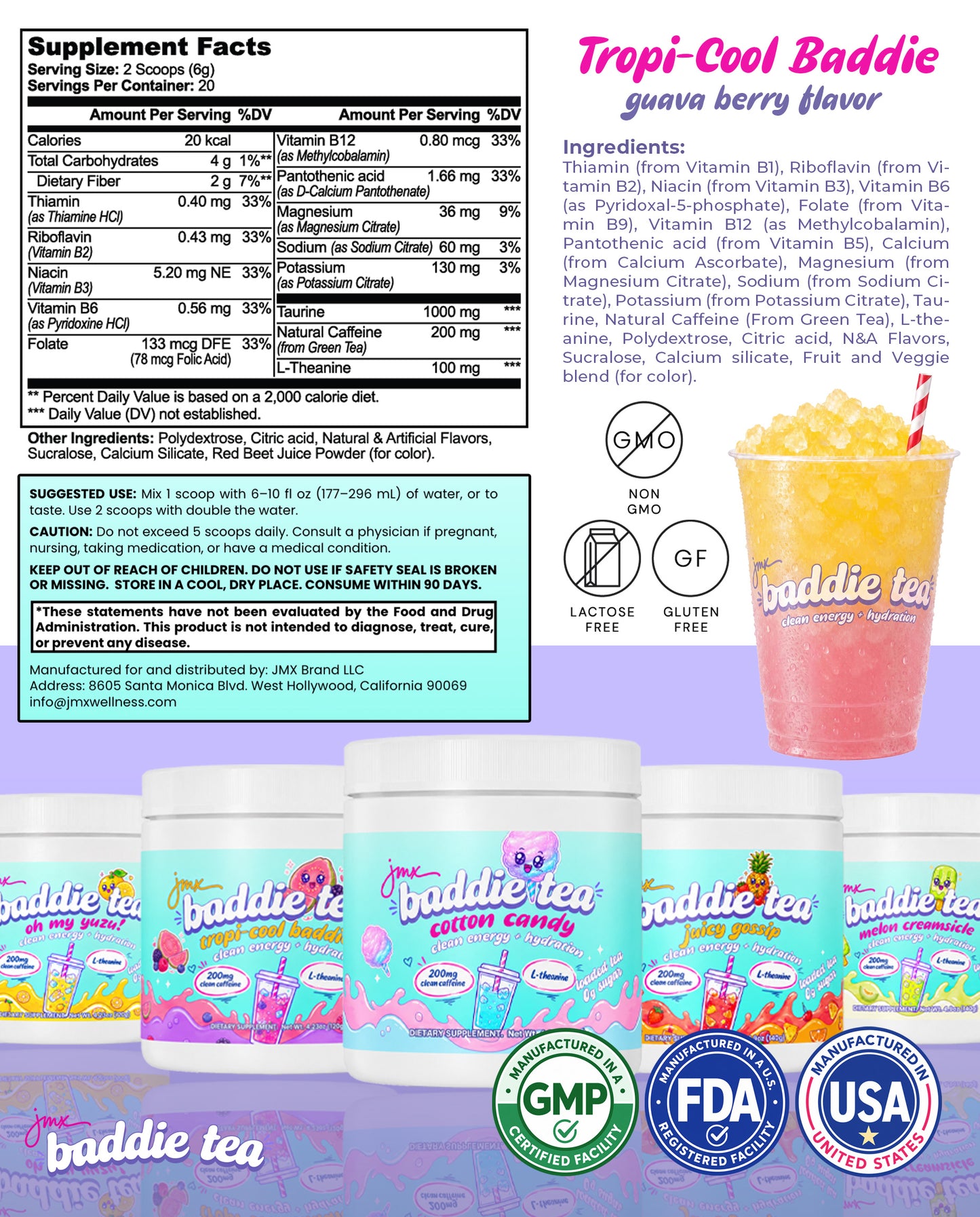 JMX Baddie Tea (Tropi-Cool Baddie), Clean Energy + Hydration, Loaded Tea, 200mg Clean Caffeine, L-Theanine, B-Complex, 0g Sugar