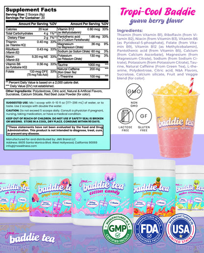 JMX Baddie Tea (Tropi-Cool Baddie), Clean Energy + Hydration, Loaded Tea, 200mg Clean Caffeine, L-Theanine, B-Complex, 0g Sugar