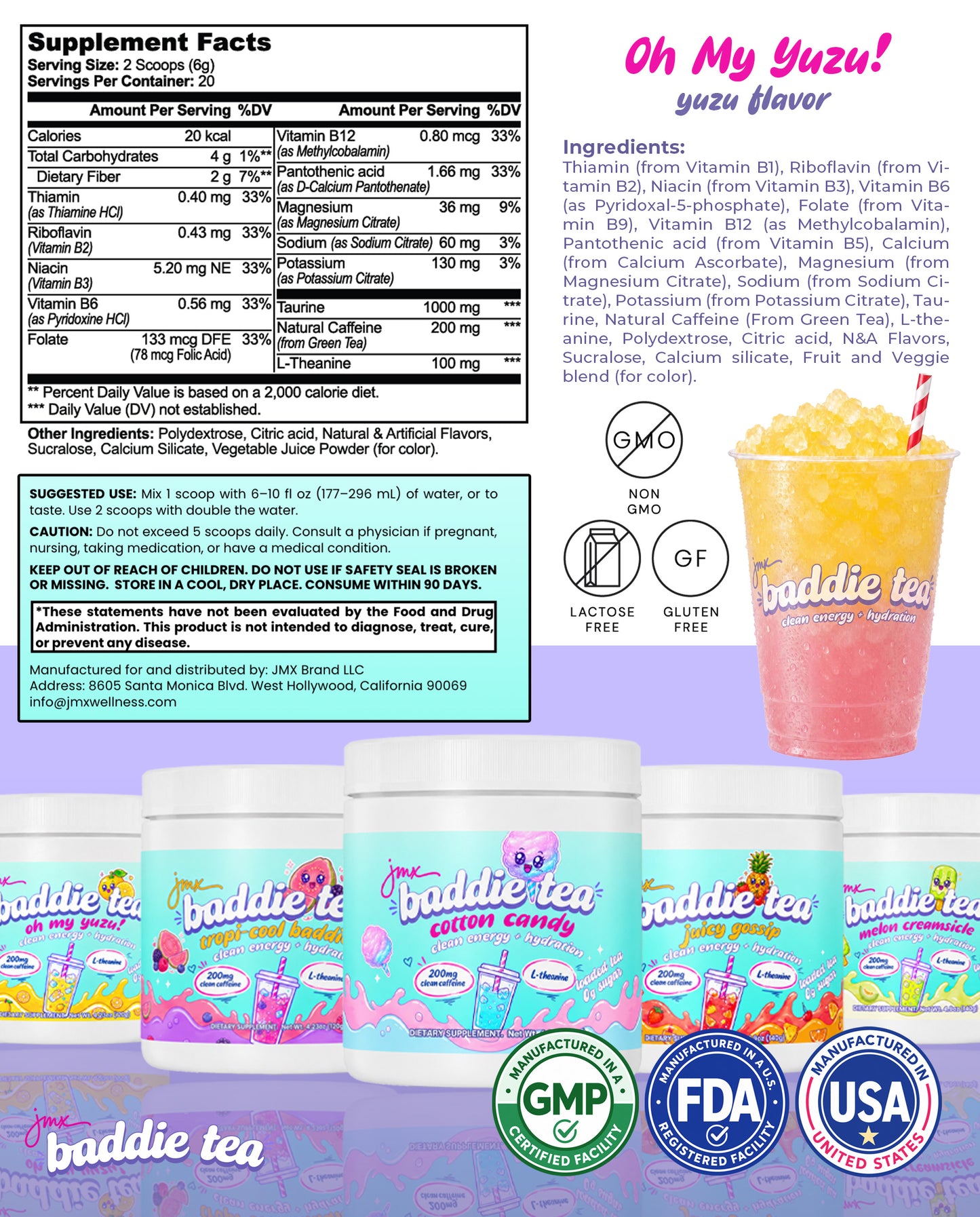 JMX Baddie Tea (Oh My Yuzu!), Clean Energy + Hydration, Loaded Tea, 200mg Clean Caffeine, L-Theanine, B-Complex, 0g Sugar