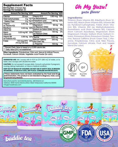 JMX Baddie Tea (Oh My Yuzu!), Clean Energy + Hydration, Loaded Tea, 200mg Clean Caffeine, L-Theanine, B-Complex, 0g Sugar