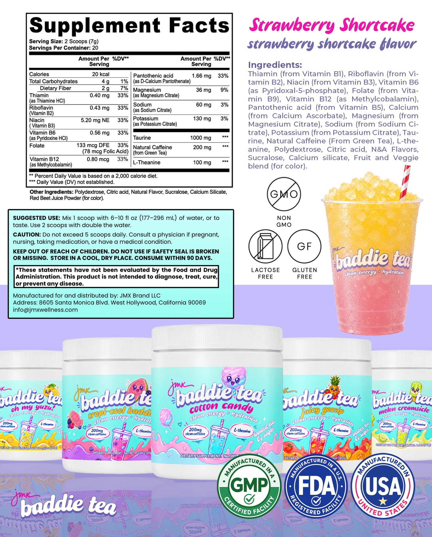 JMX Baddie Tea (Strawberry Shortcake), Clean Energy + Hydration, Loaded Tea, 200mg Clean Caffeine, L-Theanine, B-Complex, 0g Sugar