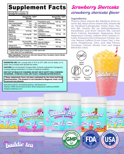 JMX Baddie Tea (Strawberry Shortcake), Clean Energy + Hydration, Loaded Tea, 200mg Clean Caffeine, L-Theanine, B-Complex, 0g Sugar