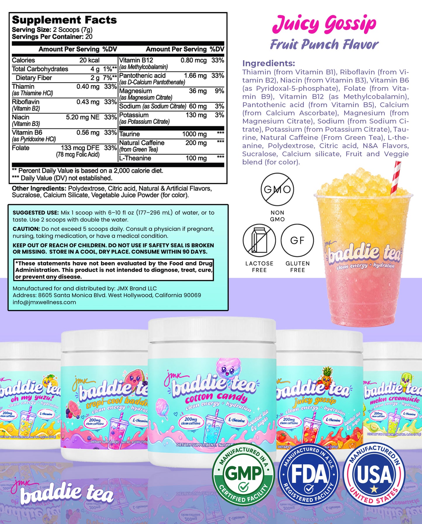 JMX Baddie Tea (Juicy Gossip Fruit Punch), Clean Energy + Hydration, Loaded Tea, 200mg Clean Caffeine, L-Theanine, B-Complex, 0g Sugar