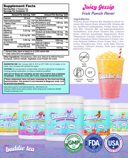JMX Baddie Tea (Juicy Gossip Fruit Punch), Clean Energy + Hydration, Loaded Tea, 200mg Clean Caffeine, L-Theanine, B-Complex, 0g Sugar