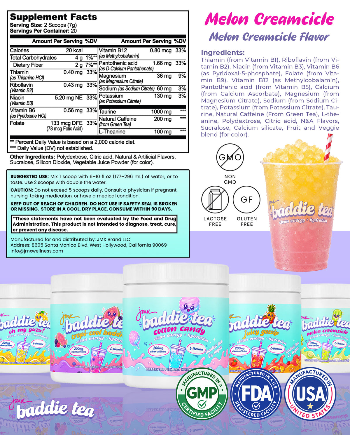 JMX Baddie Tea (Melon Creamsicle), Clean Energy + Hydration, Loaded Tea, 200mg Clean Caffeine, L-Theanine, B-Complex, 0g Sugar