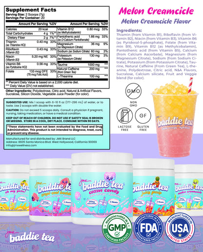 JMX Baddie Tea (Melon Creamsicle), Clean Energy + Hydration, Loaded Tea, 200mg Clean Caffeine, L-Theanine, B-Complex, 0g Sugar
