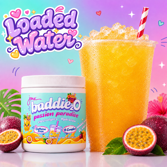JMX Baddie₂O, Loaded Water, Passion Paradise Flavor, Electrolyte + Hydration, Sugar-Free, Caffeine-Free, B-Complex