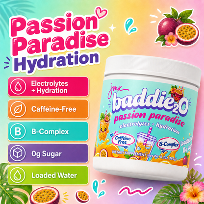 JMX Baddie₂O, Loaded Water, Passion Paradise Flavor, Electrolyte + Hydration, Sugar-Free, Caffeine-Free, B-Complex