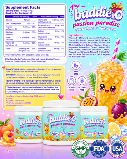 JMX Baddie₂O, Loaded Water, Passion Paradise Flavor, Electrolyte + Hydration, Sugar-Free, Caffeine-Free, B-Complex