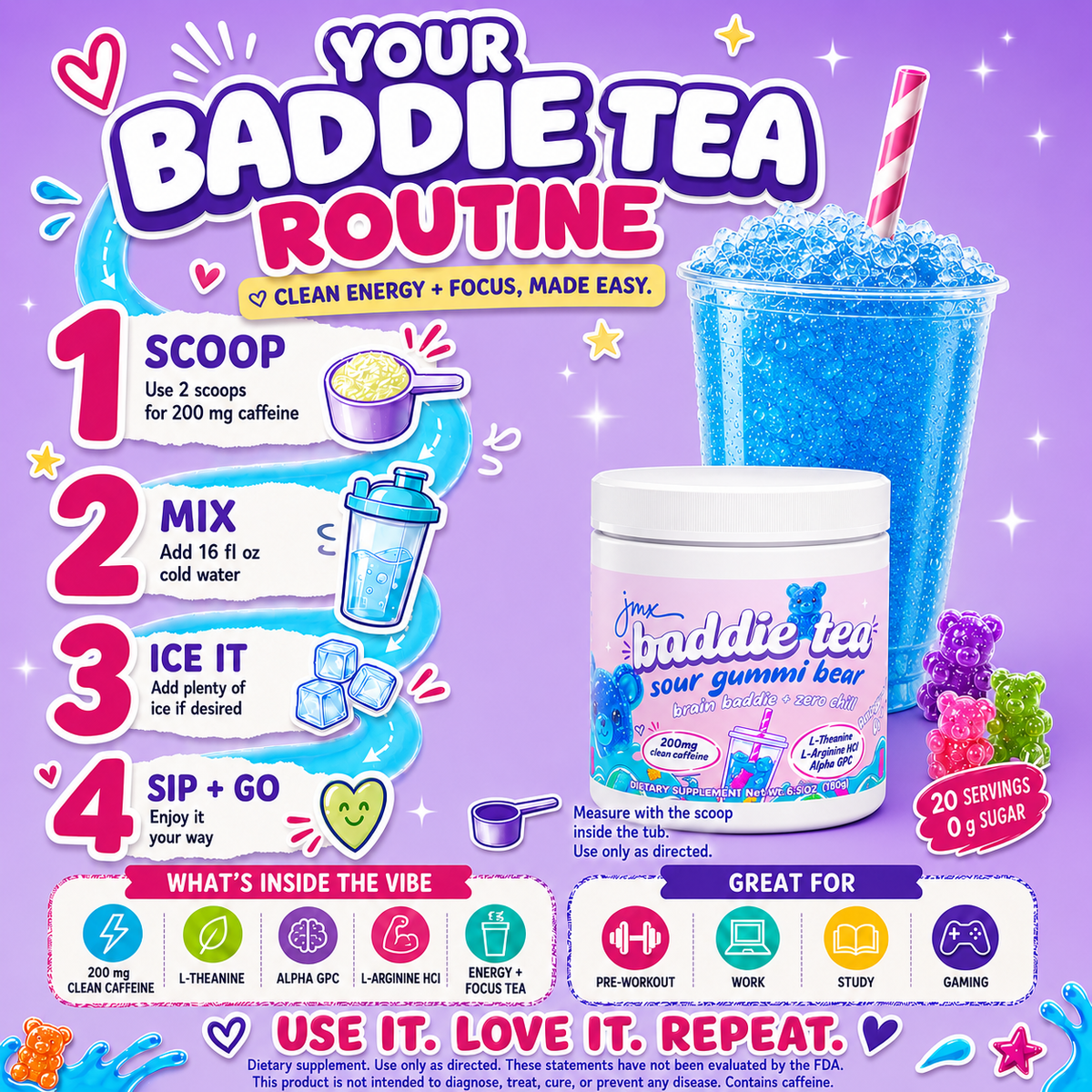 JMX Baddie Tea - Energy + Focus Tea, Sour Gummi Bear Flavor, 200mg Clean Caffeine, L-Theanine, L-Arginine HCl, B-Complex, 0g Sugar, Brain Baddie + Zero Chill
