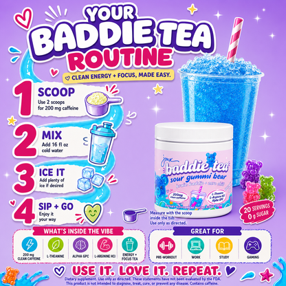 JMX Baddie Tea - Energy + Focus Tea, Sour Gummi Bear Flavor, 200mg Clean Caffeine, L-Theanine, L-Arginine HCl, B-Complex, 0g Sugar, Brain Baddie + Zero Chill
