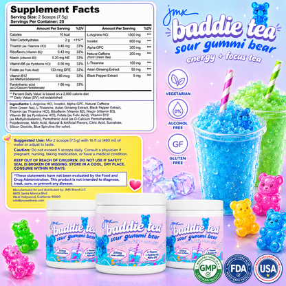 JMX Baddie Tea - Energy + Focus Tea, Sour Gummi Bear Flavor, 200mg Clean Caffeine, L-Theanine, L-Arginine HCl, B-Complex, 0g Sugar, Brain Baddie + Zero Chill