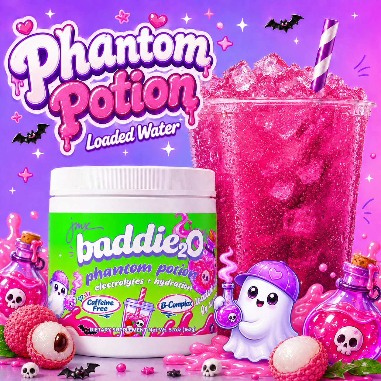 JMX Baddie₂O, Loaded Water, Phantom Potion Lychee Flavor, Electrolyte + Hydration, Sugar-Free, Caffeine-Free, B-Complex, Halloween Limited Edition
