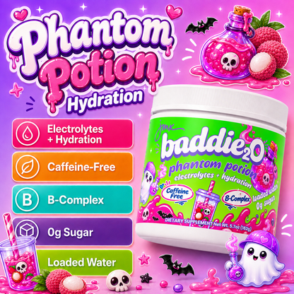 JMX Baddie₂O, Loaded Water, Phantom Potion Lychee Flavor, Electrolyte + Hydration, Sugar-Free, Caffeine-Free, B-Complex, Halloween Limited Edition