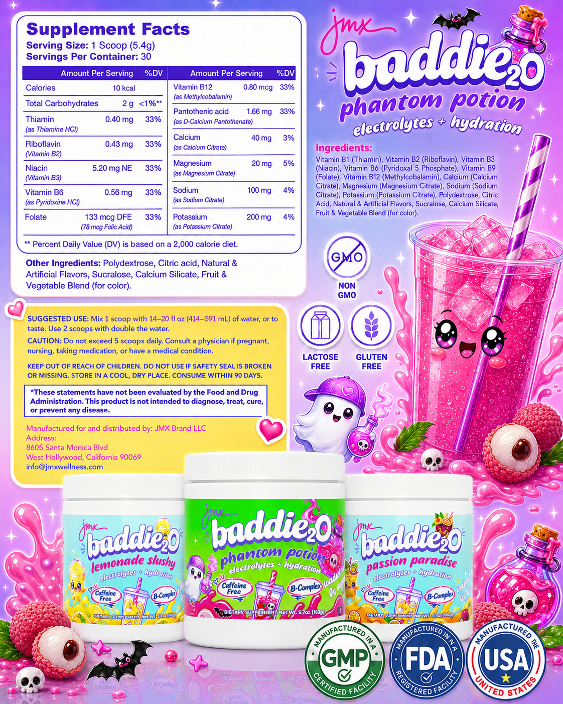 JMX Baddie₂O, Loaded Water, Phantom Potion Lychee Flavor, Electrolyte + Hydration, Sugar-Free, Caffeine-Free, B-Complex, Halloween Limited Edition