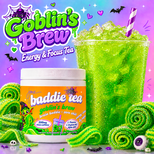 JMX Baddie Tea, Goblins Brew Sour Candy Strips, Energy + Focus Tea, 200mg Clean Caffeine, L-Theanine, L-Arginine HCl, B-Complex, 0g Sugar, Brain Baddie + Zero Chill