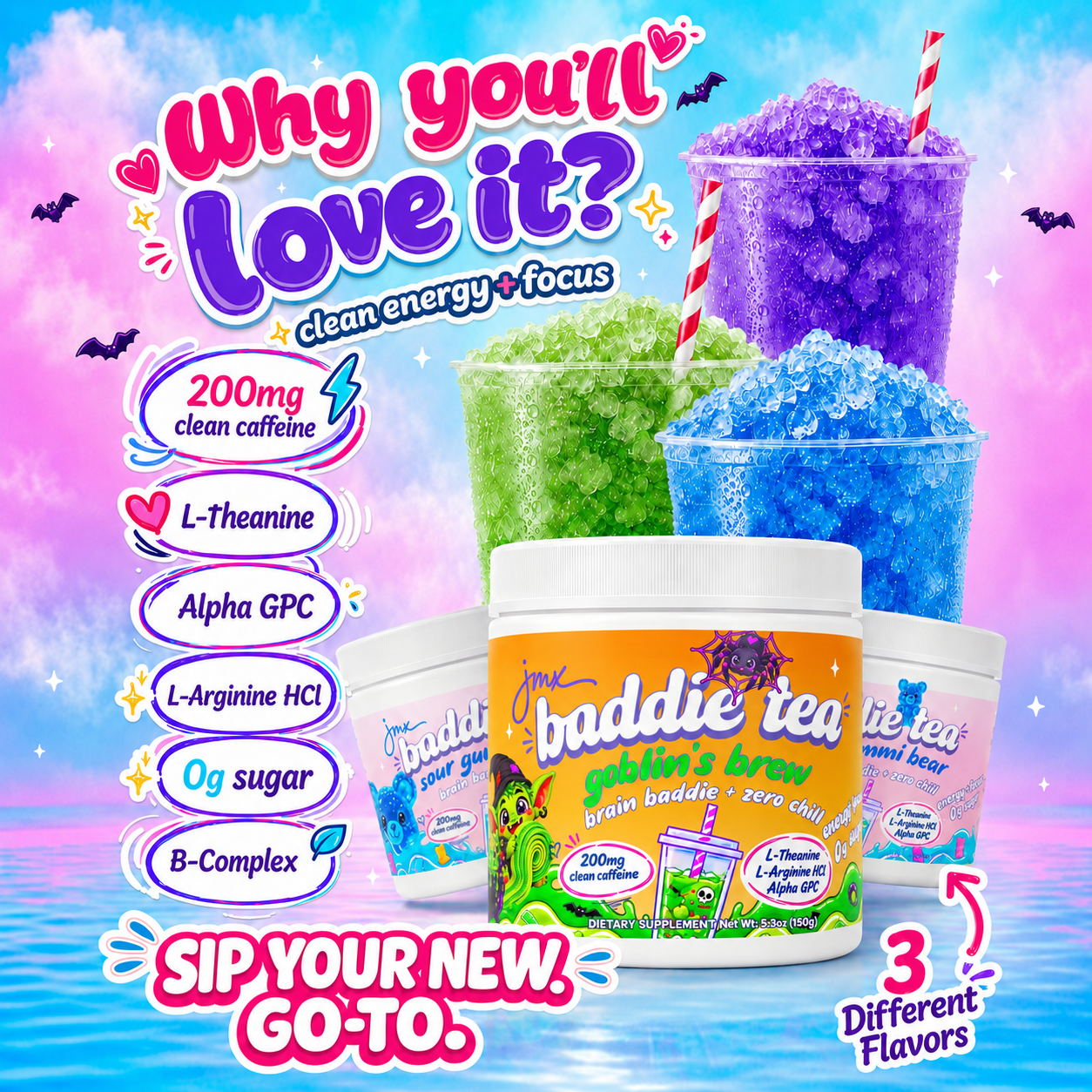JMX Baddie Tea, Goblins Brew Sour Candy Strips, Energy + Focus Tea, 200mg Clean Caffeine, L-Theanine, L-Arginine HCl, B-Complex, 0g Sugar, Brain Baddie + Zero Chill