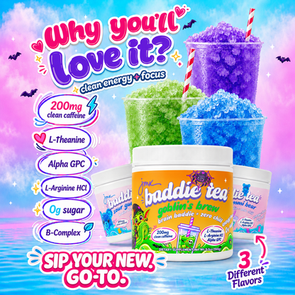 JMX Baddie Tea, Goblins Brew Sour Candy Strips, Energy + Focus Tea, 200mg Clean Caffeine, L-Theanine, L-Arginine HCl, B-Complex, 0g Sugar, Brain Baddie + Zero Chill