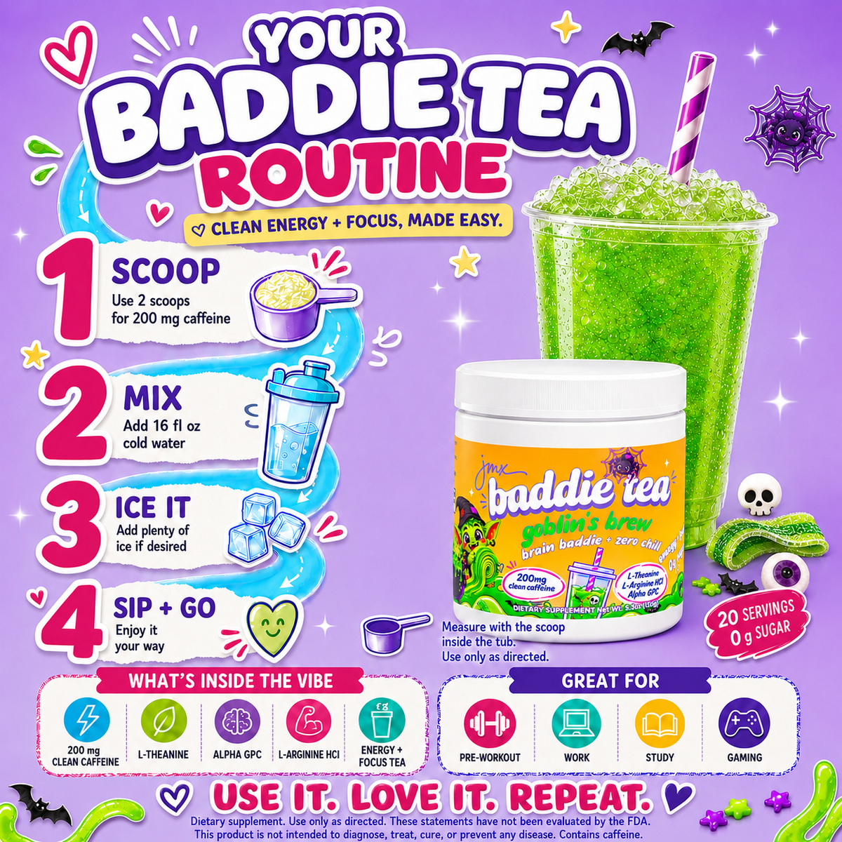 JMX Baddie Tea, Goblins Brew Sour Candy Strips, Energy + Focus Tea, 200mg Clean Caffeine, L-Theanine, L-Arginine HCl, B-Complex, 0g Sugar, Brain Baddie + Zero Chill
