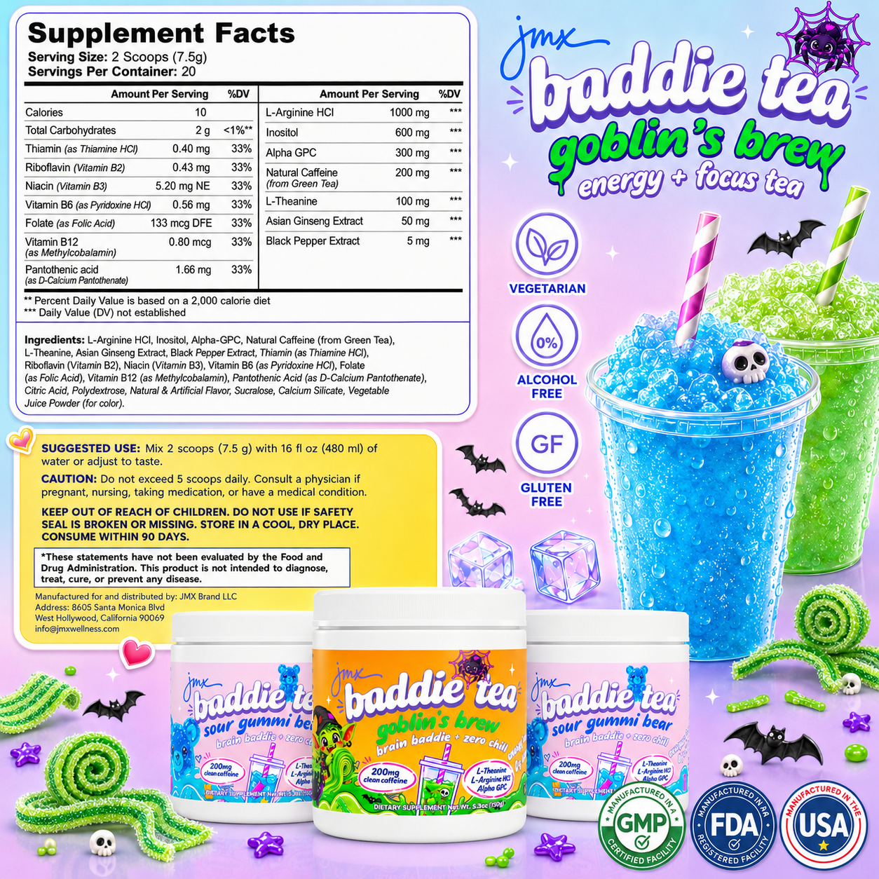 JMX Baddie Tea, Goblins Brew Sour Candy Strips, Energy + Focus Tea, 200mg Clean Caffeine, L-Theanine, L-Arginine HCl, B-Complex, 0g Sugar, Brain Baddie + Zero Chill