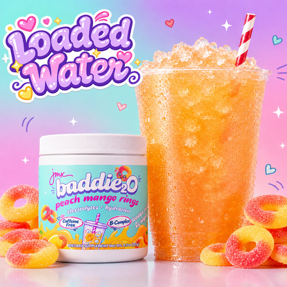 JMX Baddie₂O, Loaded Water, Peach Mango Rings Flavor, Electrolyte + Hydration, Sugar-Free, Caffeine-Free, B-Complex