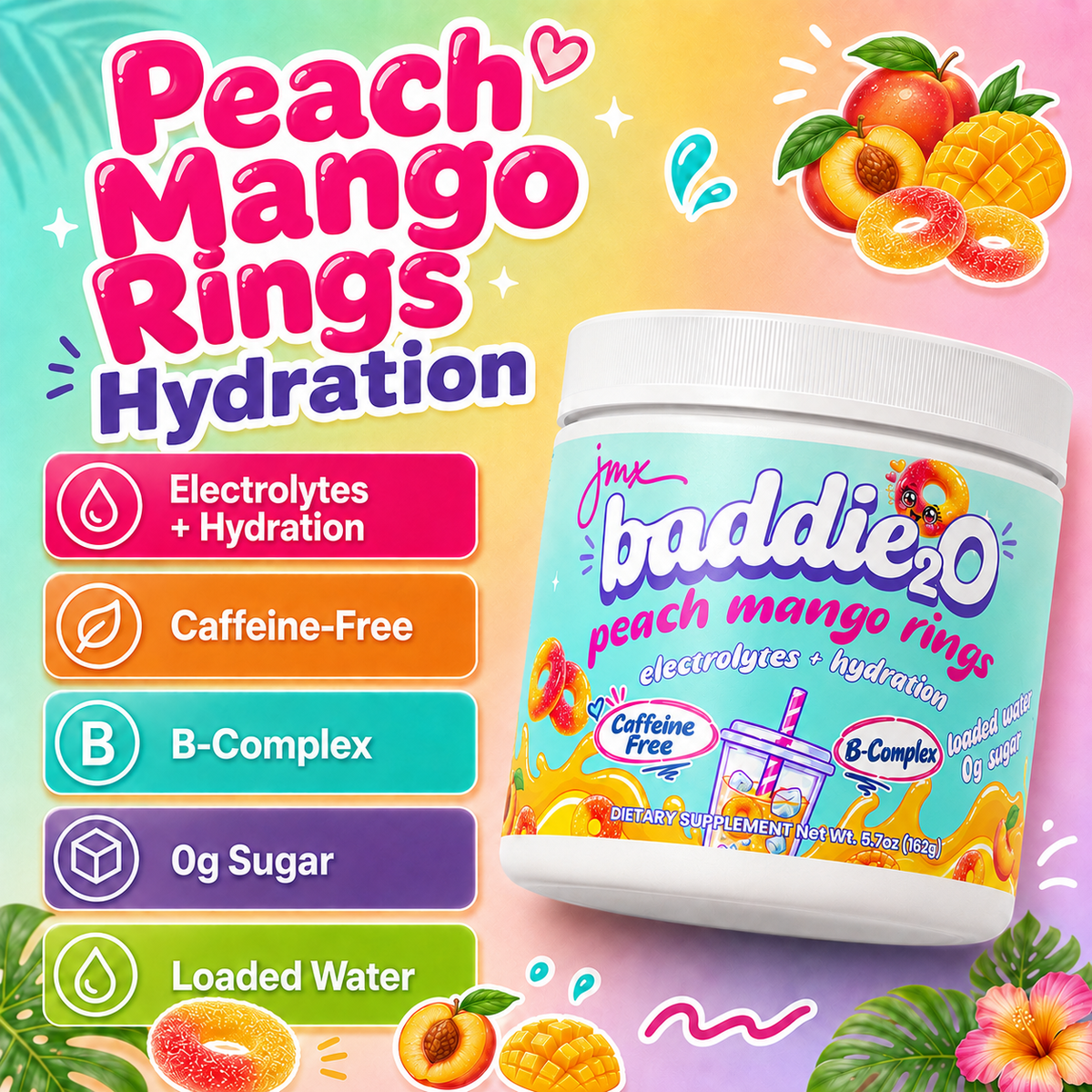 JMX Baddie₂O, Loaded Water, Peach Mango Rings Flavor, Electrolyte + Hydration, Sugar-Free, Caffeine-Free, B-Complex