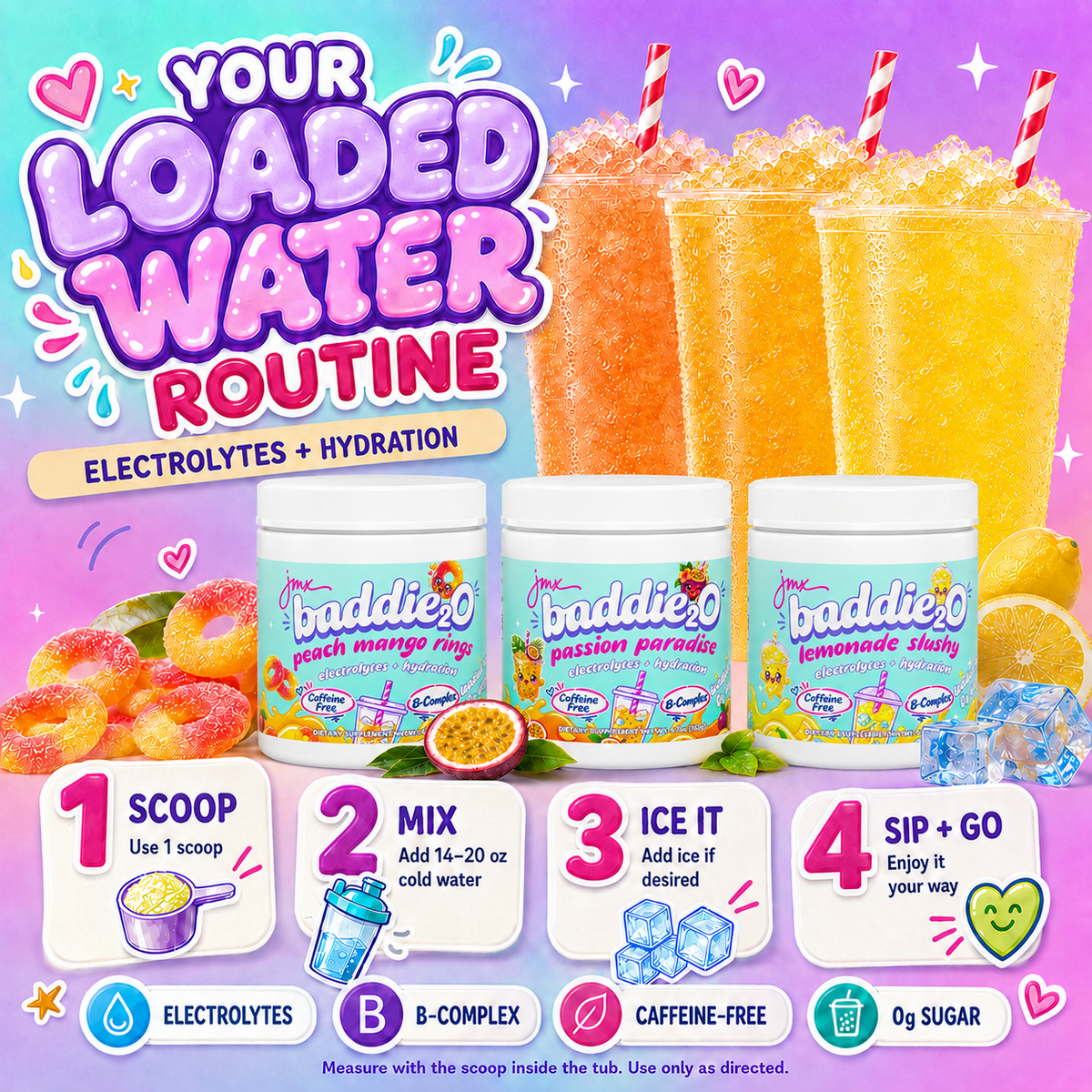 JMX Baddie₂O, Loaded Water, Peach Mango Rings Flavor, Electrolyte + Hydration, Sugar-Free, Caffeine-Free, B-Complex