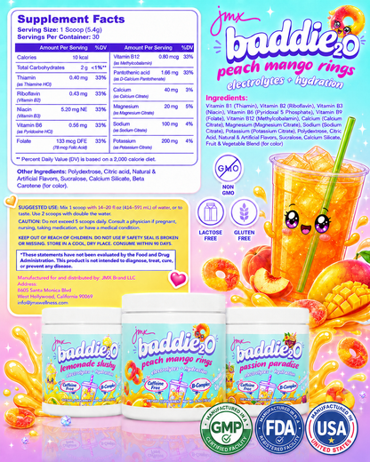 JMX Baddie₂O, Loaded Water, Peach Mango Rings Flavor, Electrolyte + Hydration, Sugar-Free, Caffeine-Free, B-Complex