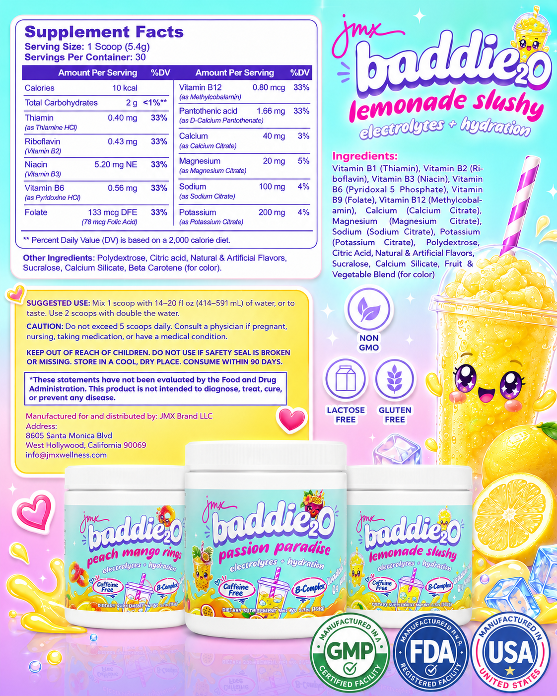JMX Baddie₂O, Loaded Water, Lemonade Slushy Flavor, Electrolyte + Hydration, Sugar-Free, Caffeine-Free, B-Complex