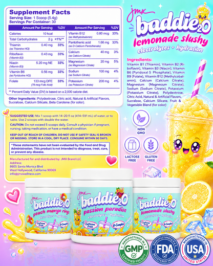 JMX Baddie₂O, Loaded Water, Lemonade Slushy Flavor, Electrolyte + Hydration, Sugar-Free, Caffeine-Free, B-Complex