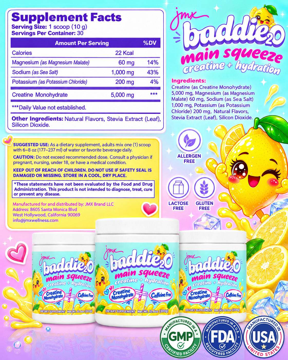 JMX Baddie₂O, Loaded Water, Main Squeeze Lemon Flavor, Creatine + Hydration, Sugar-Free, Caffeine-Free, 5000mg Creatine Monohydrate