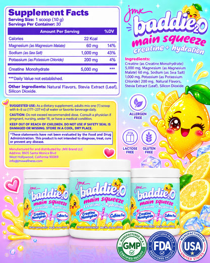 JMX Baddie₂O, Loaded Water, Main Squeeze Lemon Flavor, Creatine + Hydration, Sugar-Free, Caffeine-Free, 5000mg Creatine Monohydrate
