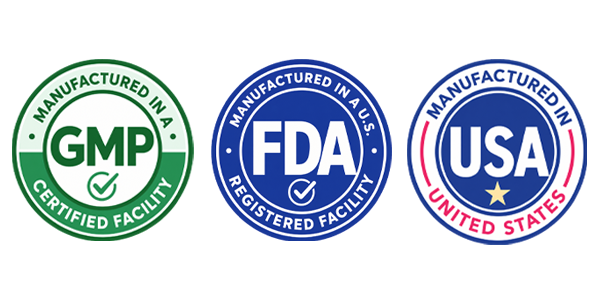 Manufactured in a GMP certified facility, manufactured in an FDA registered facility, and manufactured in the United States