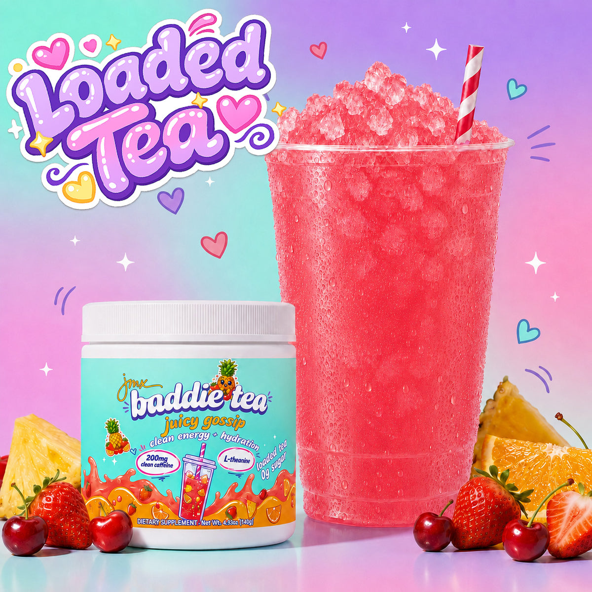 JMX Baddie Tea (Juicy Gossip Fruit Punch), Clean Energy + Hydration, Loaded Tea, 200mg Clean Caffeine, L-Theanine, B-Complex, 0g Sugar