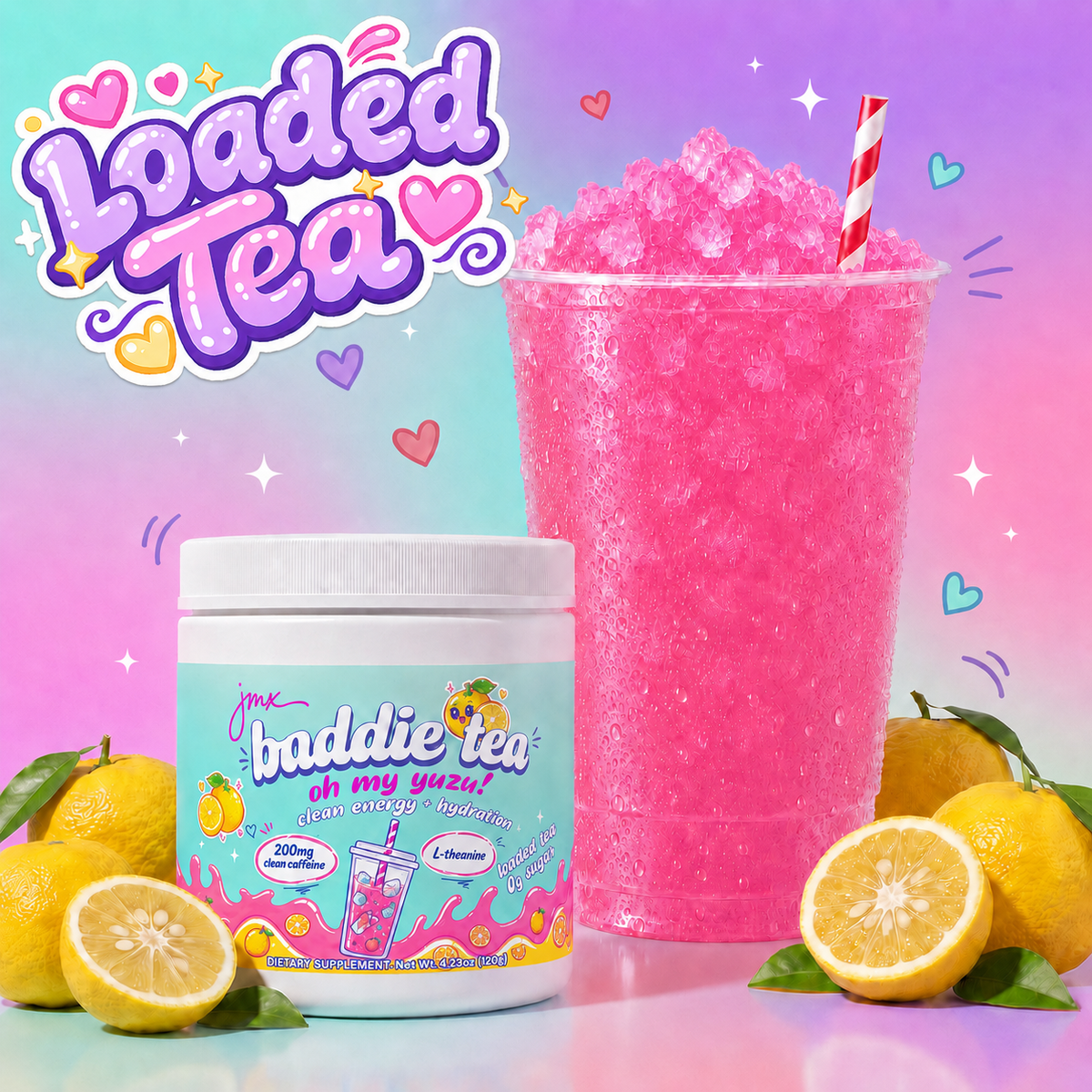 JMX Baddie Tea (Oh My Yuzu!), Clean Energy + Hydration, Loaded Tea, 200mg Clean Caffeine, L-Theanine, B-Complex, 0g Sugar